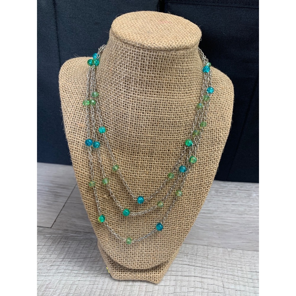 Multilayer Silver Tone 3 Strand Teal Green Beaded Necklace 16 Inch Boho Tiered